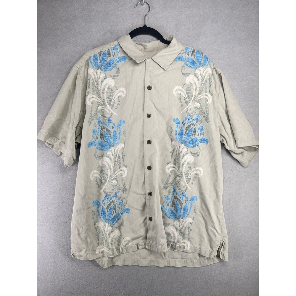 Tommy Bahama Mens XL Silk Short Sleeve Button Down Shirt Sage Green Floral Print
